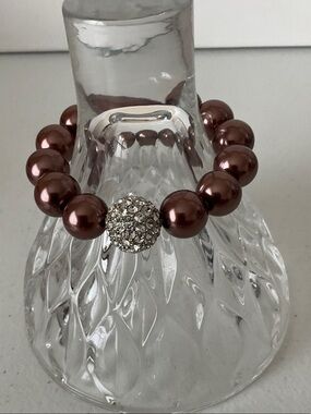 Raspberry Brown Pearl Stretch Bracelet with Crystal Pave Charm